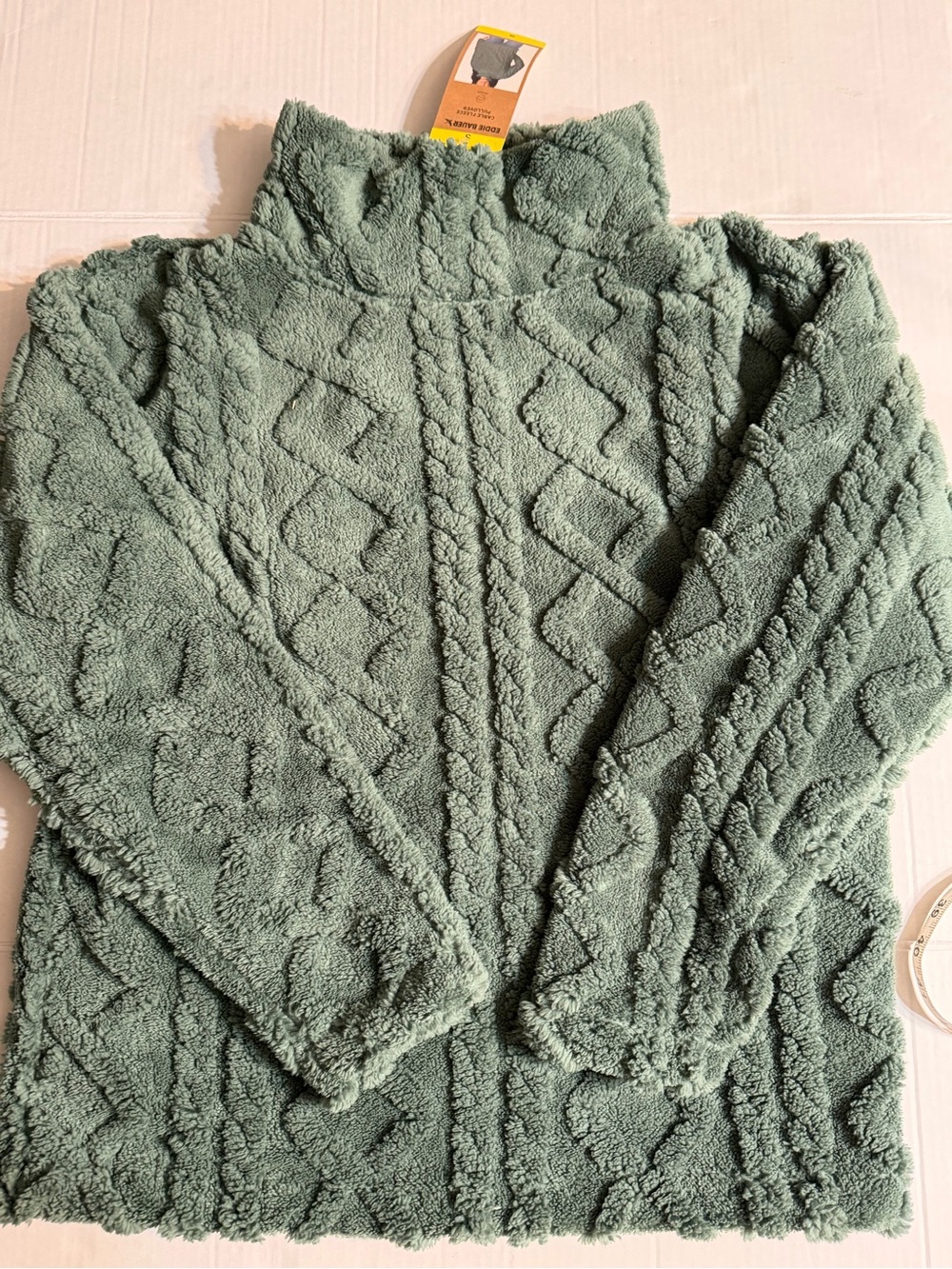 Eddie Bauer S Cable Fleece Pullover Sweater Green Sherpa NWT Mock Neck
